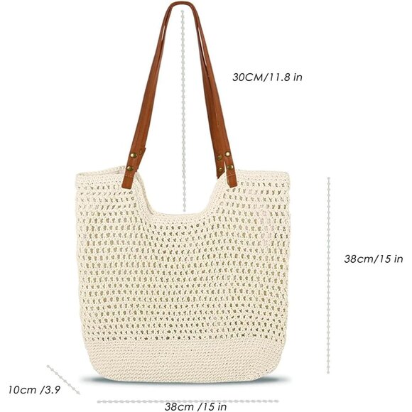 Women's Beige Boho Woven Shoulder Bag Crochet Beach Tote Purse For Beach Day - Picture 3 of 8